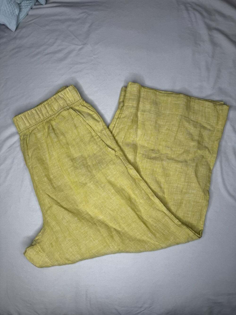 Tahari 100% Linen Casual Wide-Leg Elastic Waist Cropped Pull-On Yellow Pants M